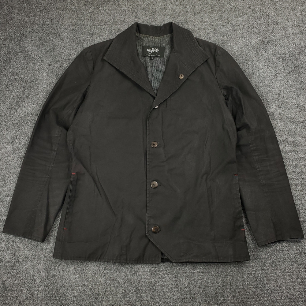 18 Waits Baumer Jacket Mens Small Waxed Cotton Button Up Designer Luxury Black